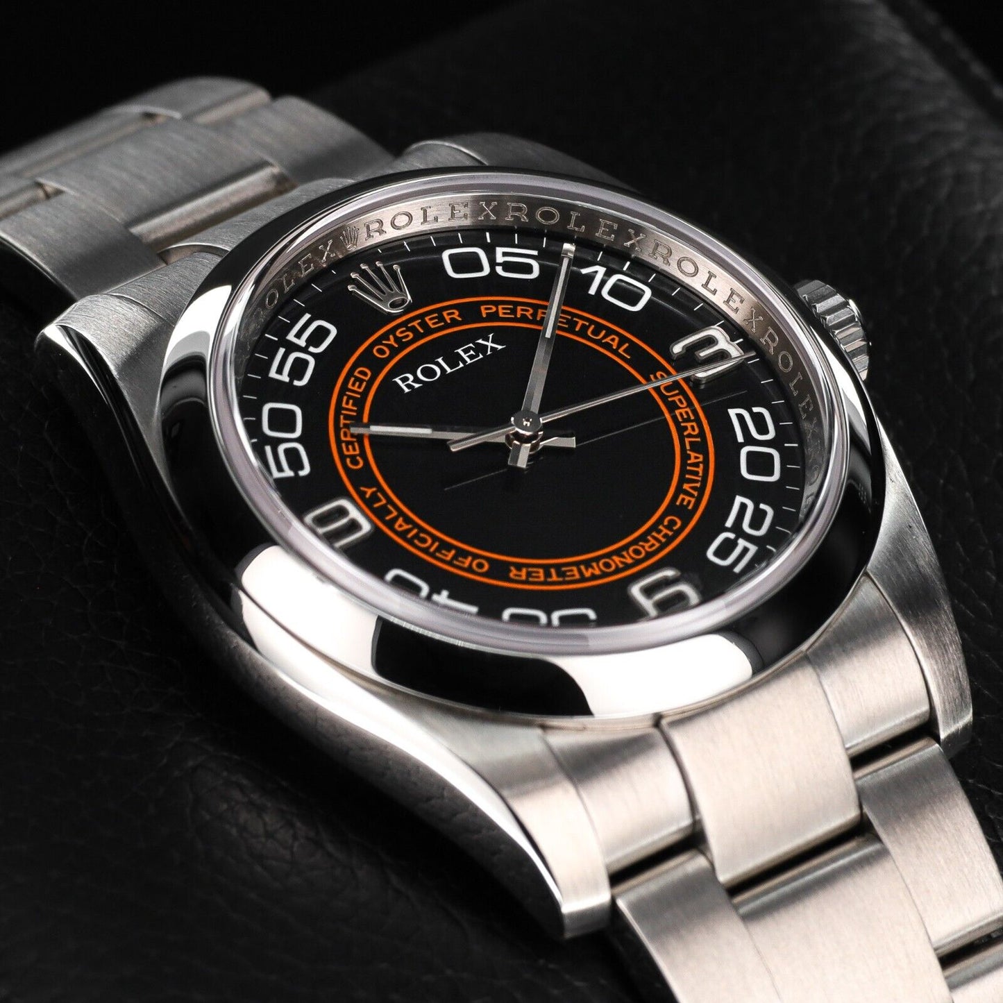 Rolex Black Orange Dial with Oyster Bracelet with Silver Bezel-116000