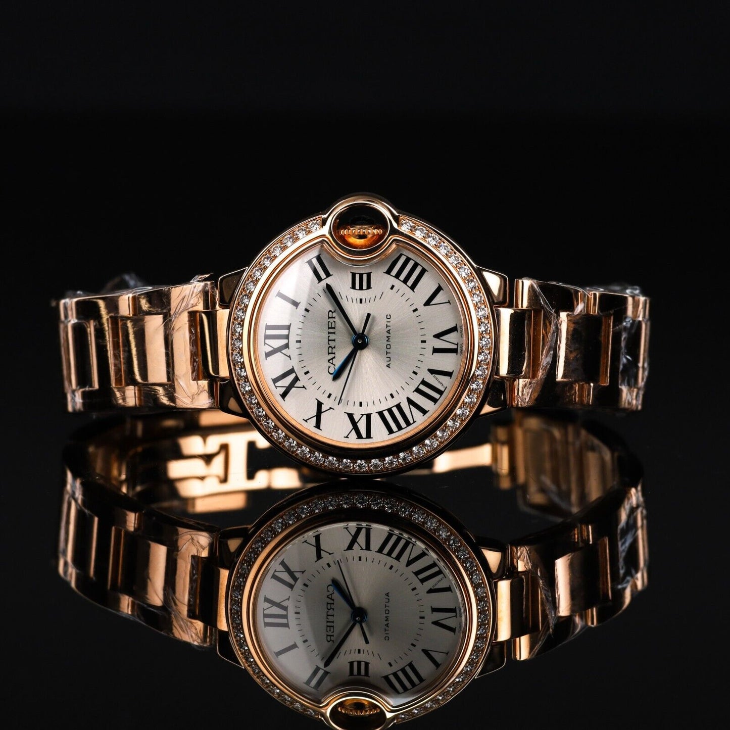 Cartier Ballon Rose Gold Silver Dial Diamond Bezel 33mm-WJBB0036