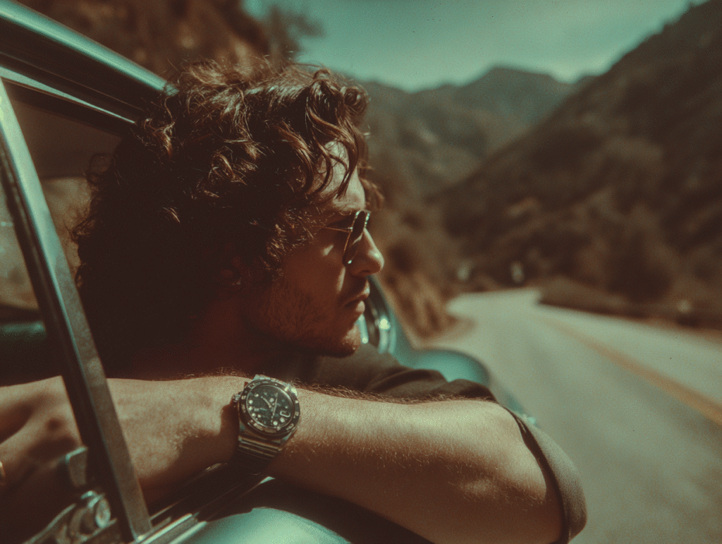 model wearing rolex in car
