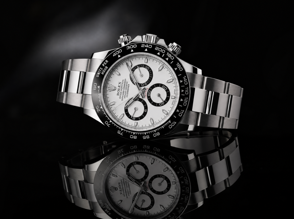 Rolex Daytona Product shoot, on side with black reflective surface
