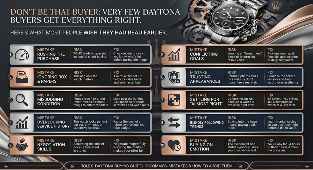 Graphic listing 10 Rolex Daytona buying mistakes and how to avoid them