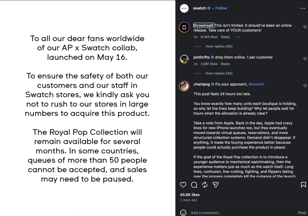 Swatch announcing that AP x Swatch Royal Pop is not a limited product and will be around for months.