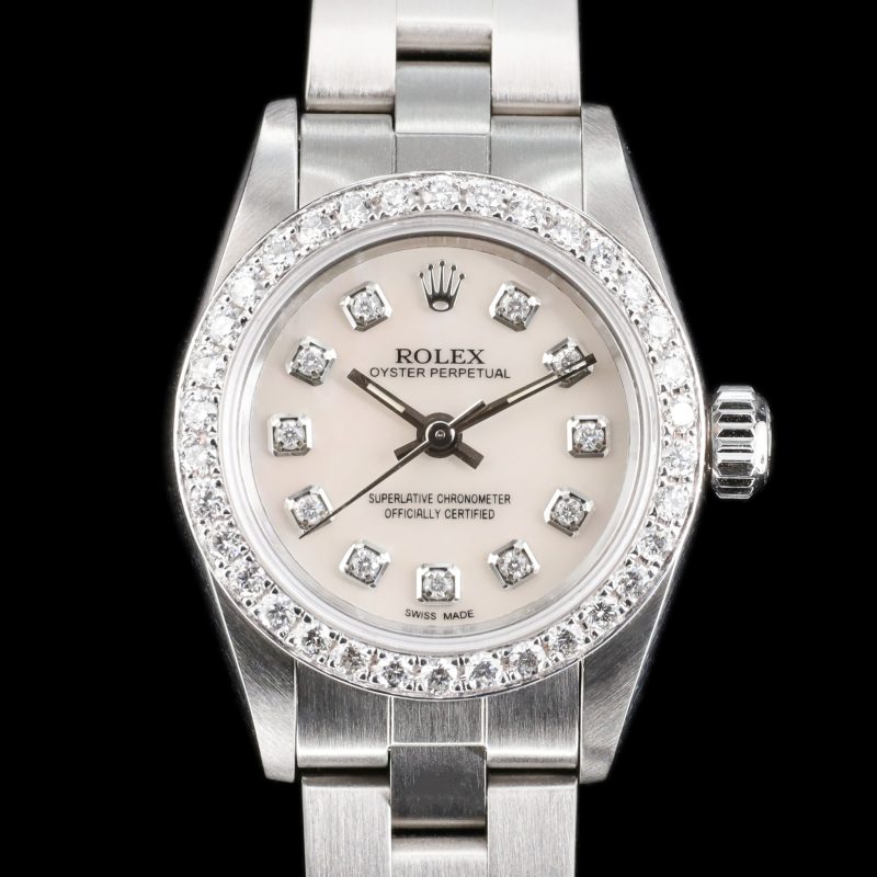 Rolex Oyster Perpetual 26 AM MOP Dial and AM Natural Diamond Bezel Originally Silver Dial