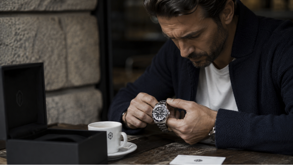 Man checking a luxury watch to see if it is fake