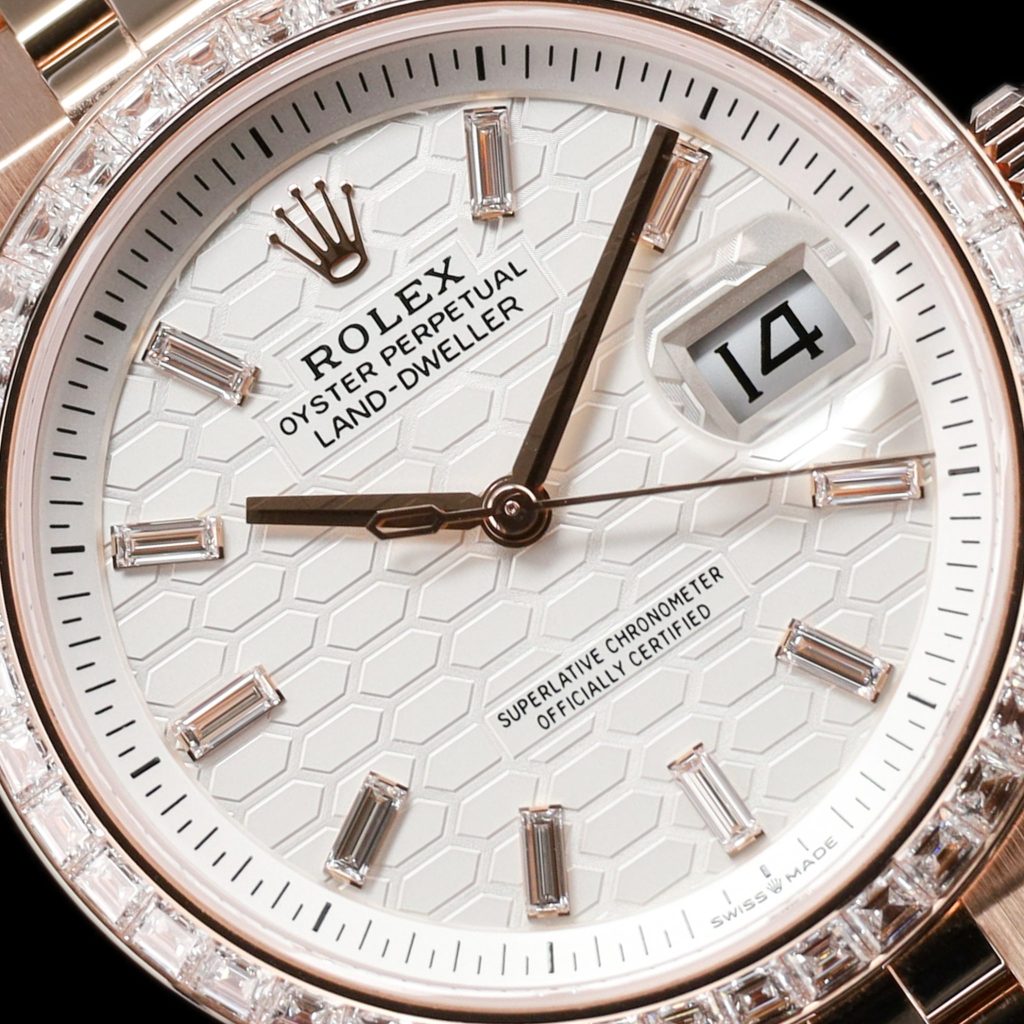 Rolex Land-Dweller Rose Gold White Dial Diamond Bezel
