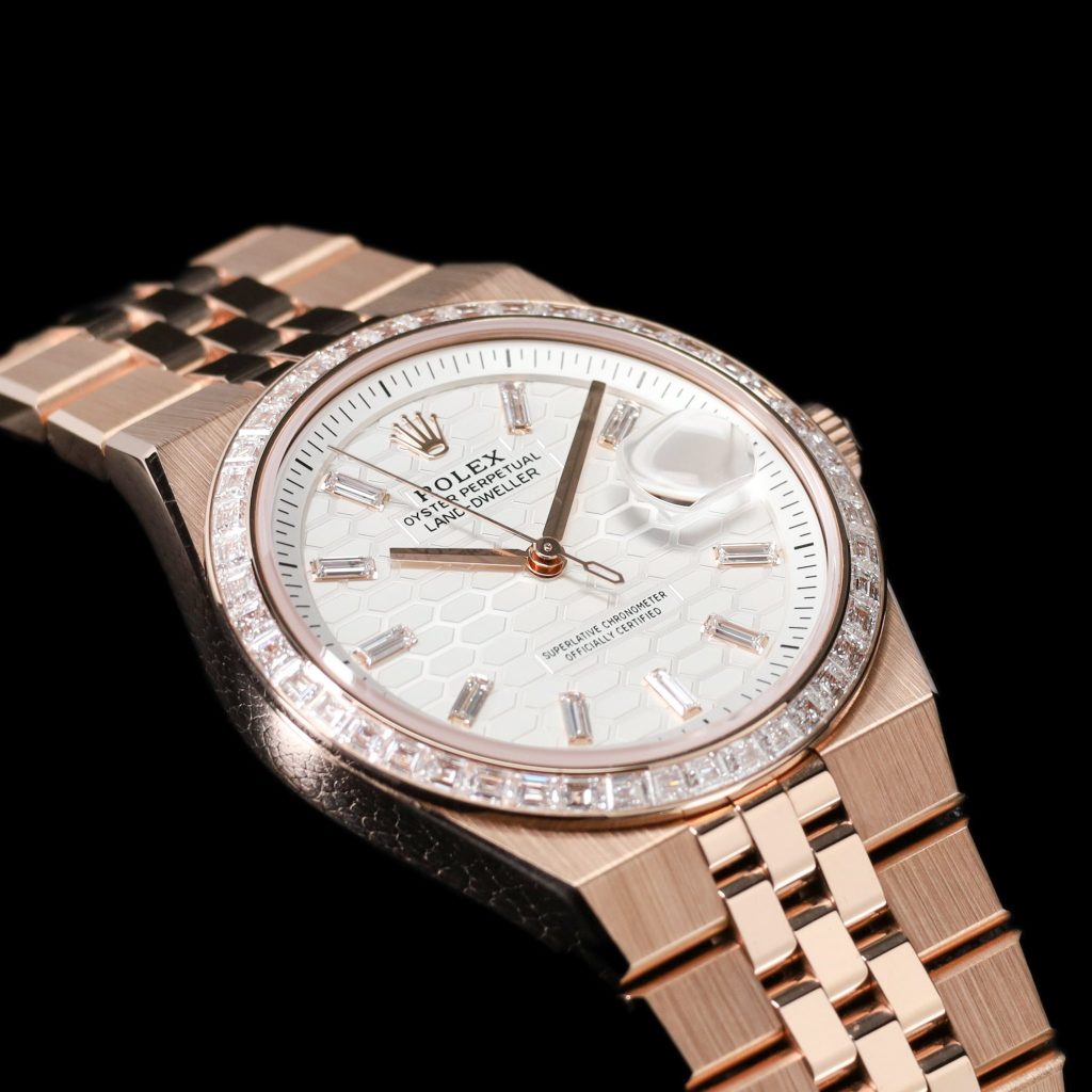 Rolex Land-Dweller Rose Gold White Dial Diamond Bezel